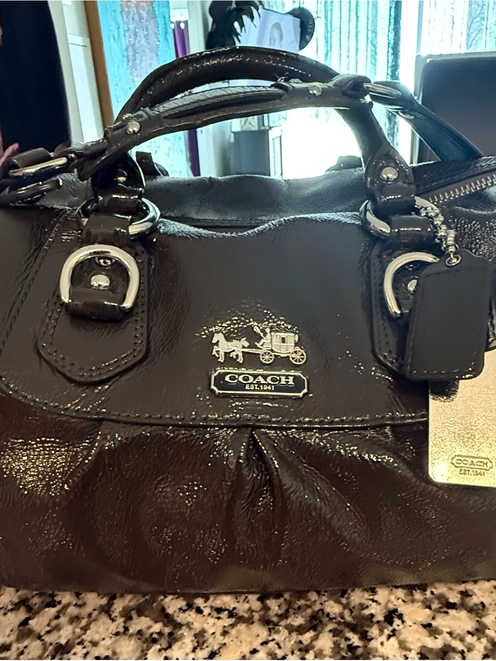 Coach Glossy Patent Leather Satchel in Dark Brown